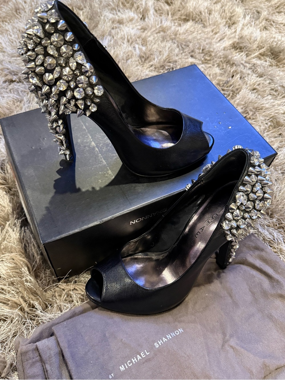 Michael Shannon Lorimer Rhinestones Studs & Spikes Peep Toe Heels